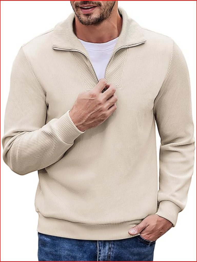 Men's Quarter Zip Mock Neck Corduroy Pullover Sweater Long Sleeve